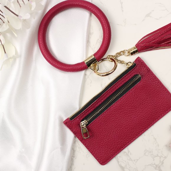 Pebbled Leather Bangle Keychain with Mini Purse and Tassel - Picture 4 of 10